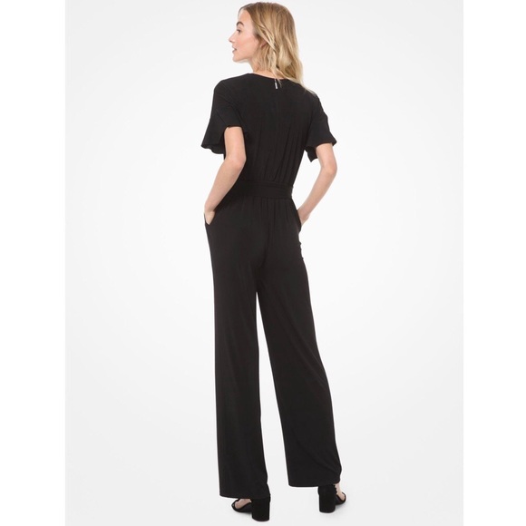 Michael Kors Wide Leg Jumpsuit Belted V-Neck Stretch Black Size L NWT $135.00 - Picture 2 of 13